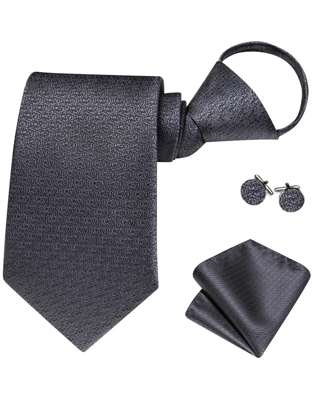 Ties2you Black Solid Lazy Mens Business Easy-pull Silk Tie Pocket Square Cufflinks Set sold by Ties2You product image thumbnail 4