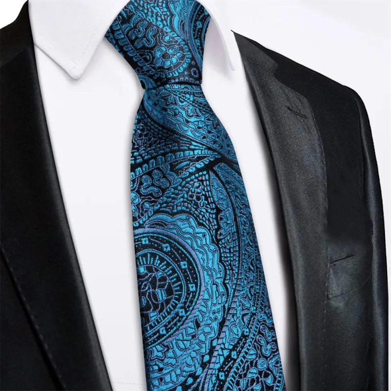 Ties2you Black Blue Paisley Lazy Mens Business Easy-pull Silk Tie Pocket Square Cufflinks Set sold by Ties2You