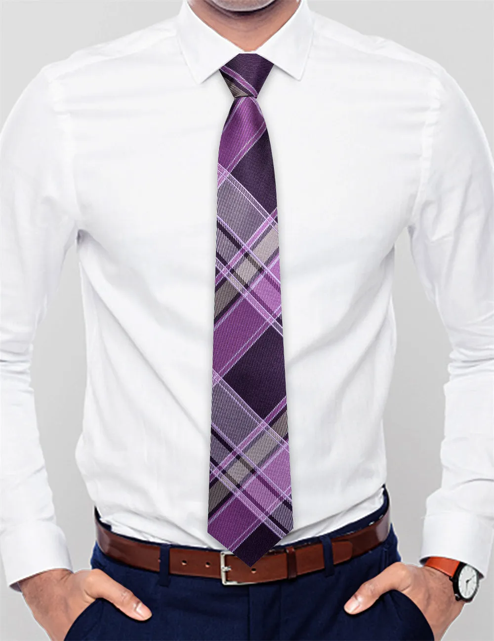 Ties2you Purple Grey Plaid Lazy Mens Easy-pull Silk Tie Pocket Square Cufflinks Set sold by Ties2You product image thumbnail 3