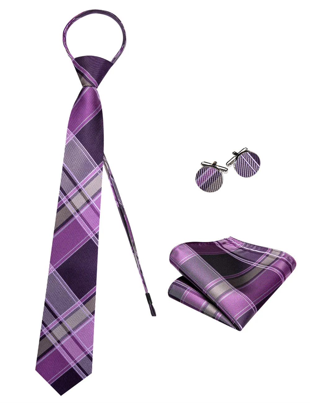 Ties2you Purple Grey Plaid Lazy Mens Easy-pull Silk Tie Pocket Square Cufflinks Set sold by Ties2You product image thumbnail 5