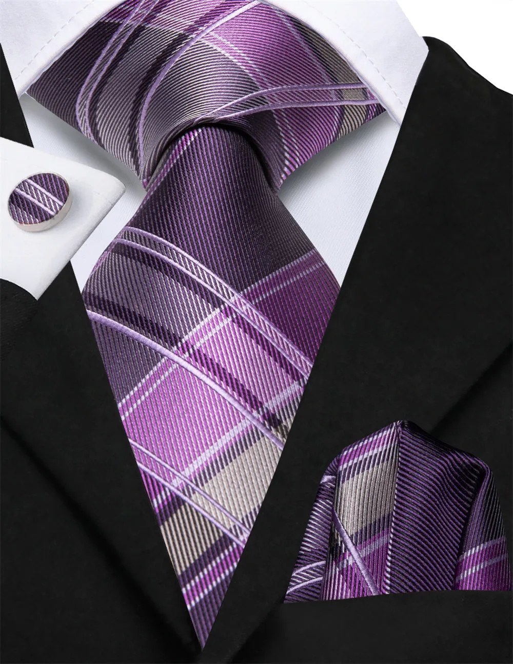 Ties2you Purple Grey Plaid Lazy Mens Easy-pull Silk Tie Pocket Square Cufflinks Set sold by Ties2You product image thumbnail 2