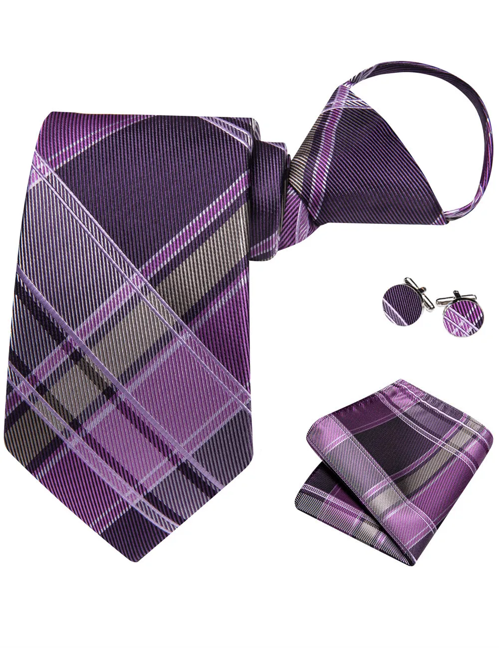 Ties2you Purple Grey Plaid Lazy Mens Easy-pull Silk Tie Pocket Square Cufflinks Set sold by Ties2You product image thumbnail 4
