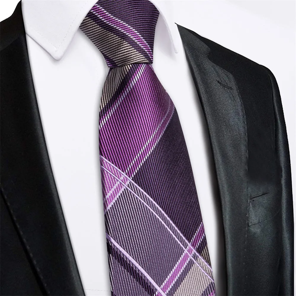 Ties2you Purple Grey Plaid Lazy Mens Easy-pull Silk Tie Pocket Square Cufflinks Set sold by Ties2You