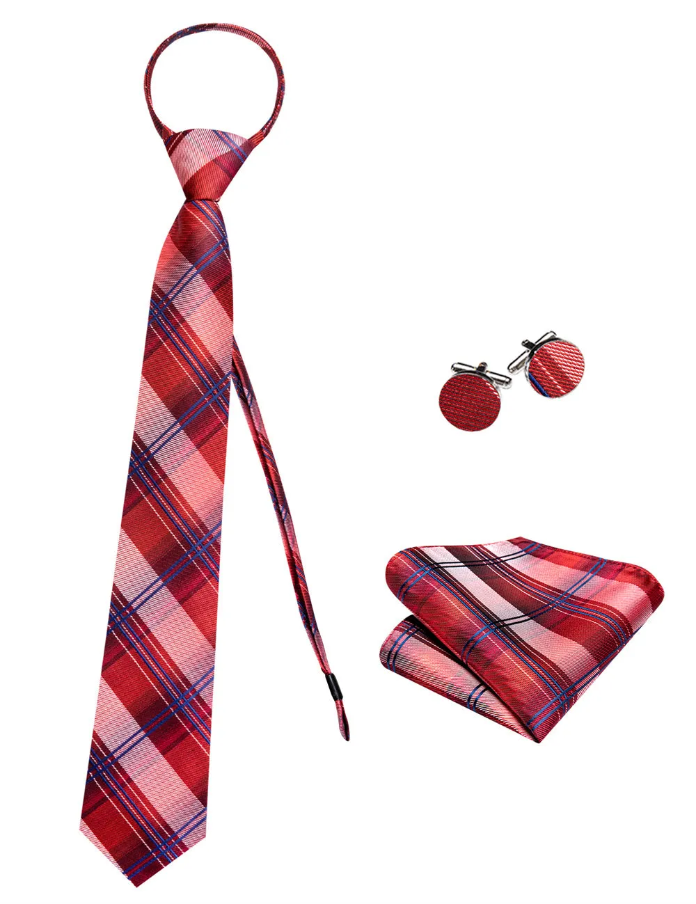 Ties2you Red Blue Plaid Lazy Mens Easy-pull Silk Tie Pocket Square Cufflinks Set sold by Ties2You product image thumbnail 4