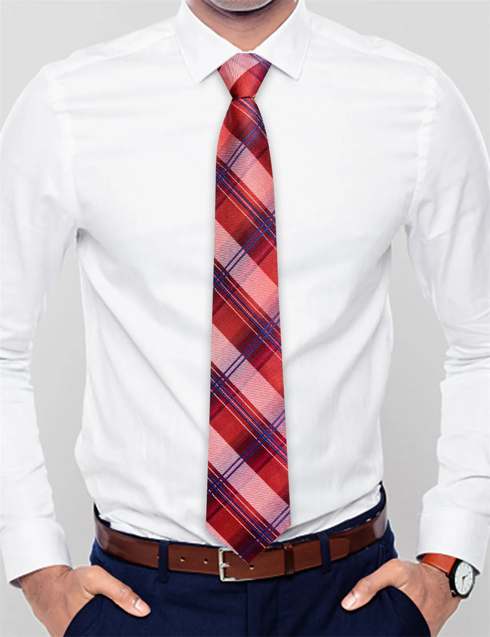 Ties2you Red Blue Plaid Lazy Mens Easy-pull Silk Tie Pocket Square Cufflinks Set sold by Ties2You product image thumbnail 3