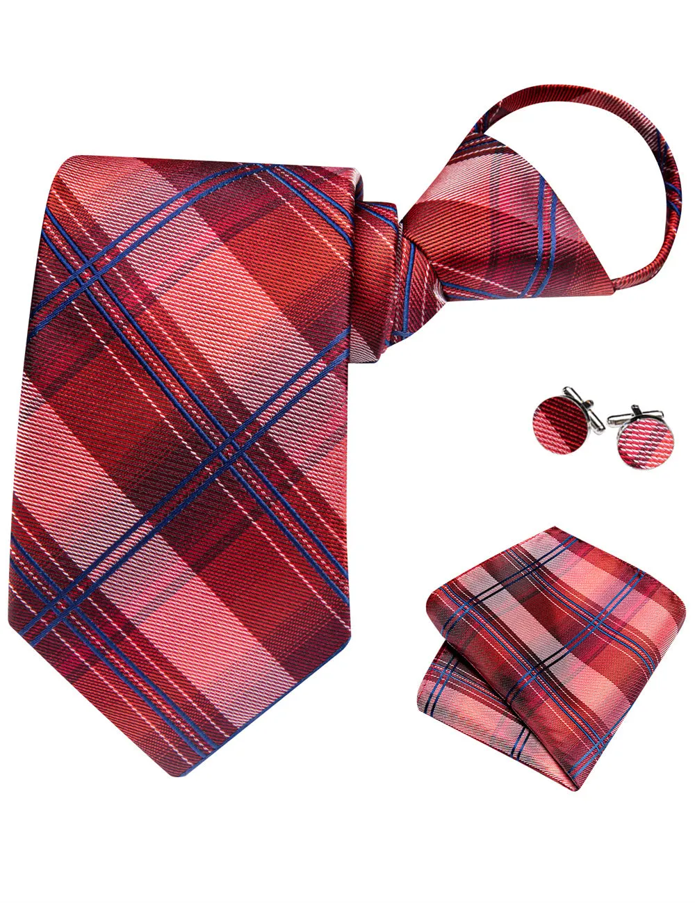 Ties2you Red Blue Plaid Lazy Mens Easy-pull Silk Tie Pocket Square Cufflinks Set sold by Ties2You product image thumbnail 5