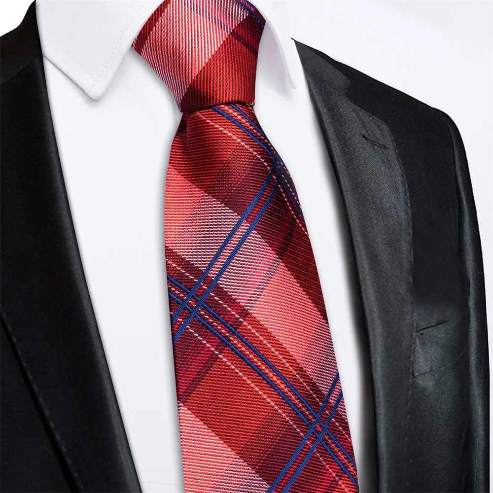 Ties2you Red Blue Plaid Lazy Mens Easy-pull Silk Tie Pocket Square Cufflinks Set sold by Ties2You