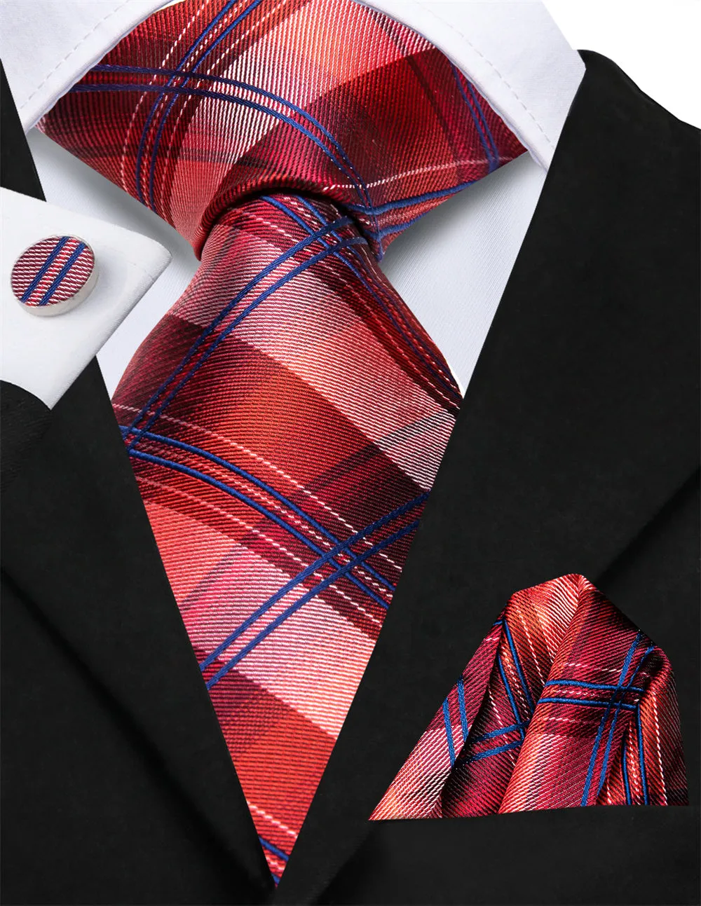 Ties2you Red Blue Plaid Lazy Mens Easy-pull Silk Tie Pocket Square Cufflinks Set sold by Ties2You product image thumbnail 2