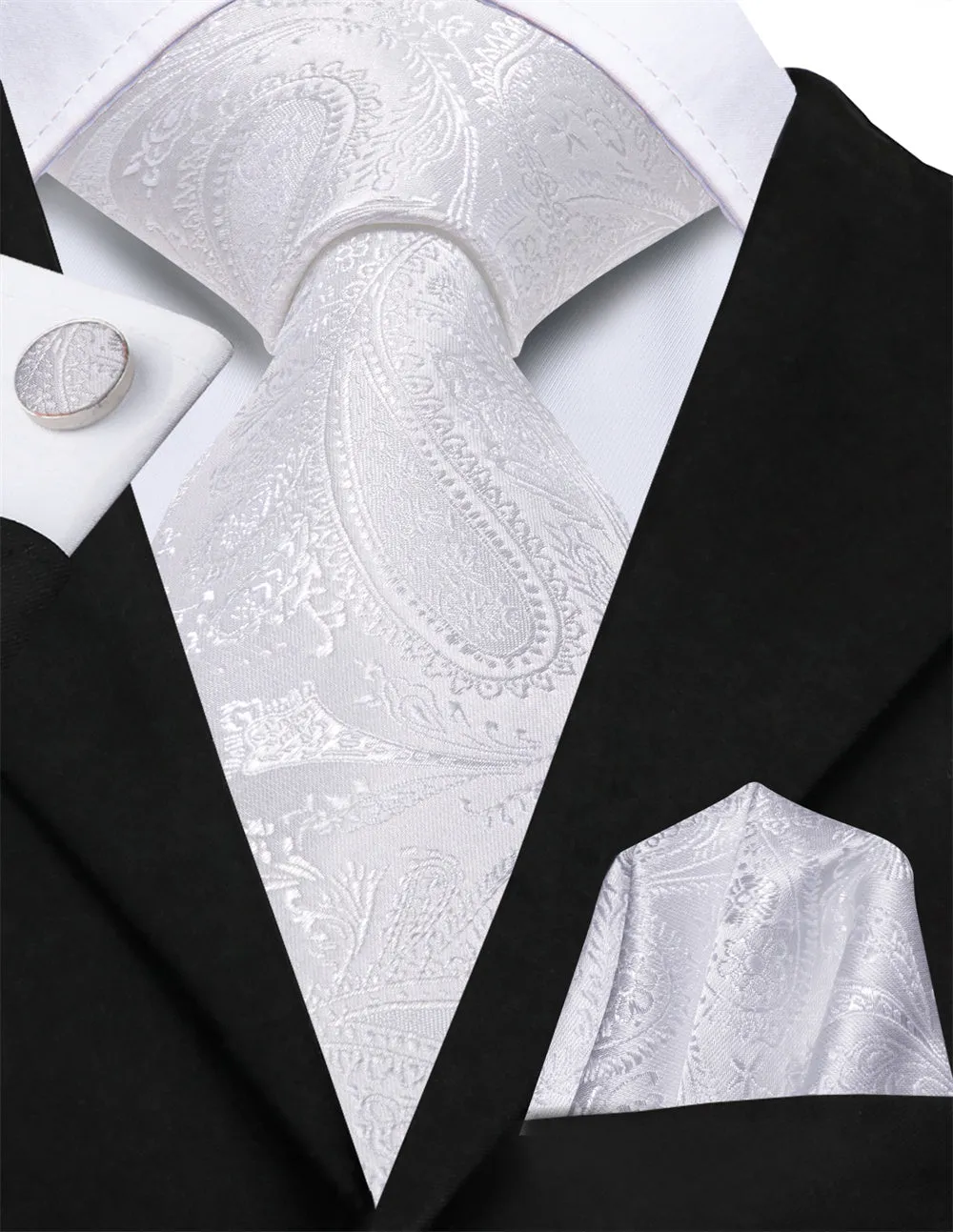 Ties2you Silver Paisley Lazy Mens Easy-pull Silk Tie Pocket Square Cufflinks Set sold by Ties2You product image thumbnail 2