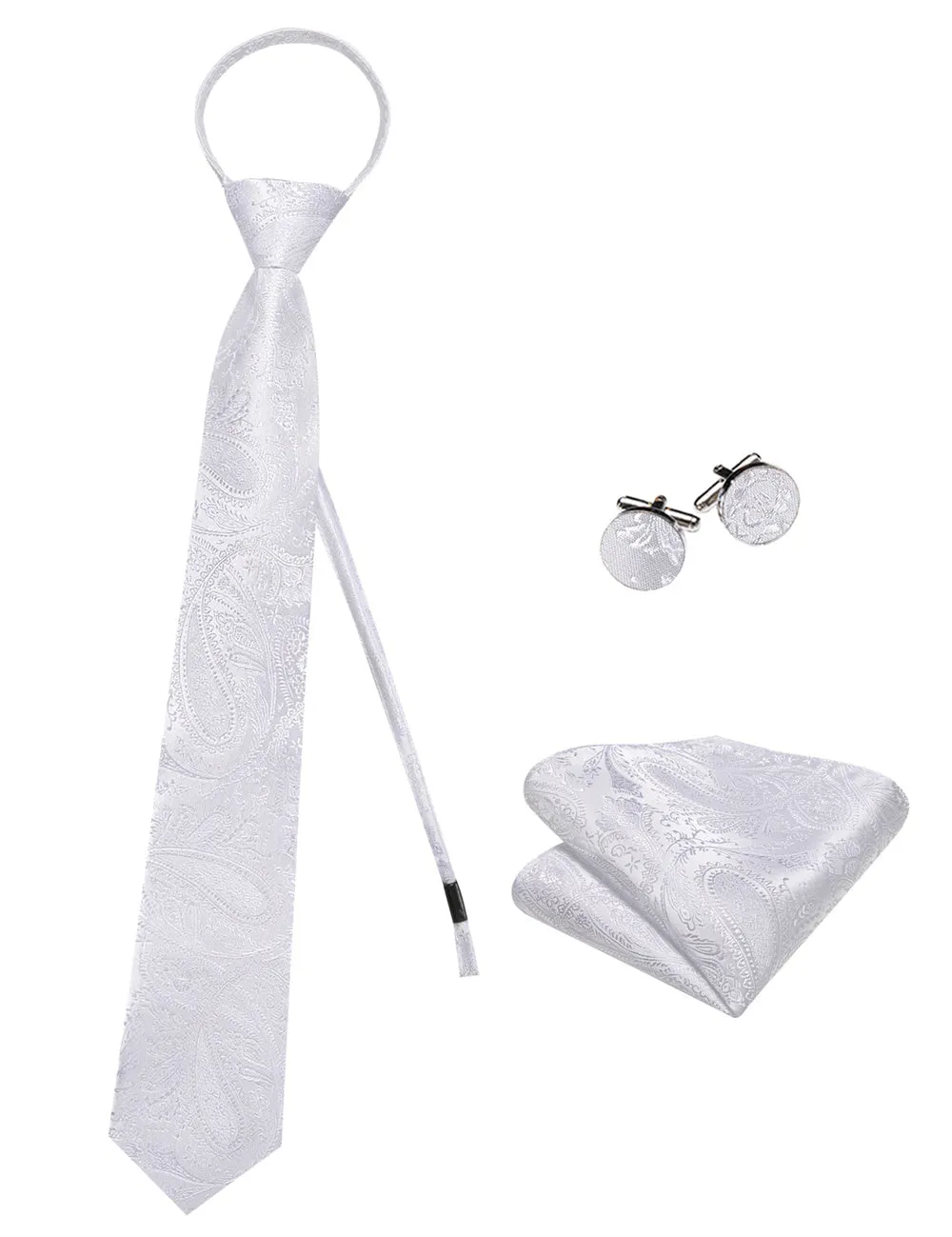 Ties2you Silver Paisley Lazy Mens Easy-pull Silk Tie Pocket Square Cufflinks Set sold by Ties2You product image thumbnail 5