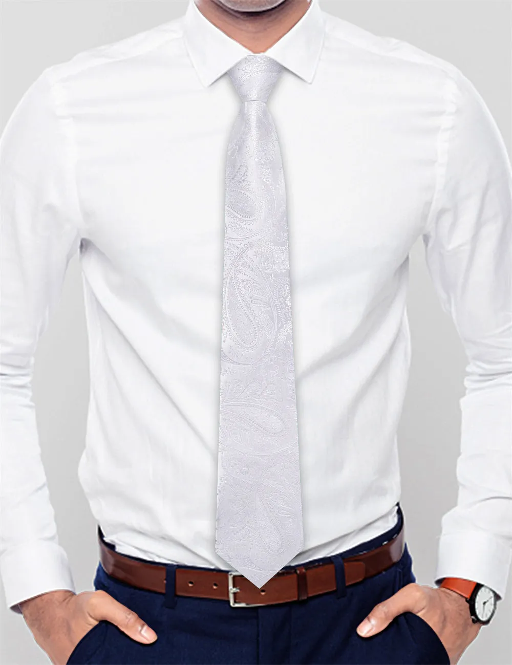 Ties2you Silver Paisley Lazy Mens Easy-pull Silk Tie Pocket Square Cufflinks Set sold by Ties2You product image thumbnail 3