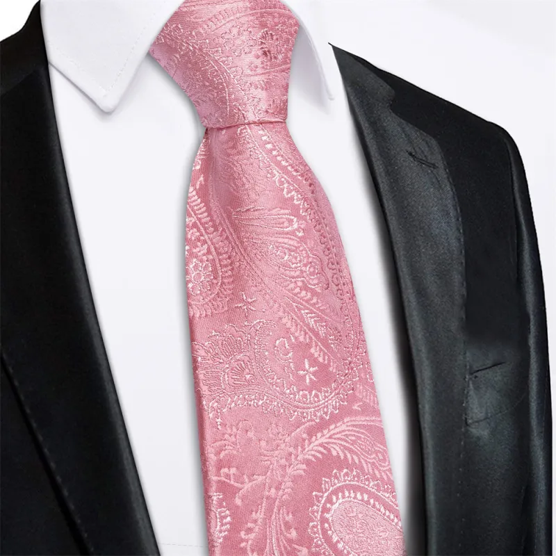 Ties2you Pink Paisley Lazy Men's Easy-pull Silk Tie Pocket Square Cufflinks Set sold by Ties2You