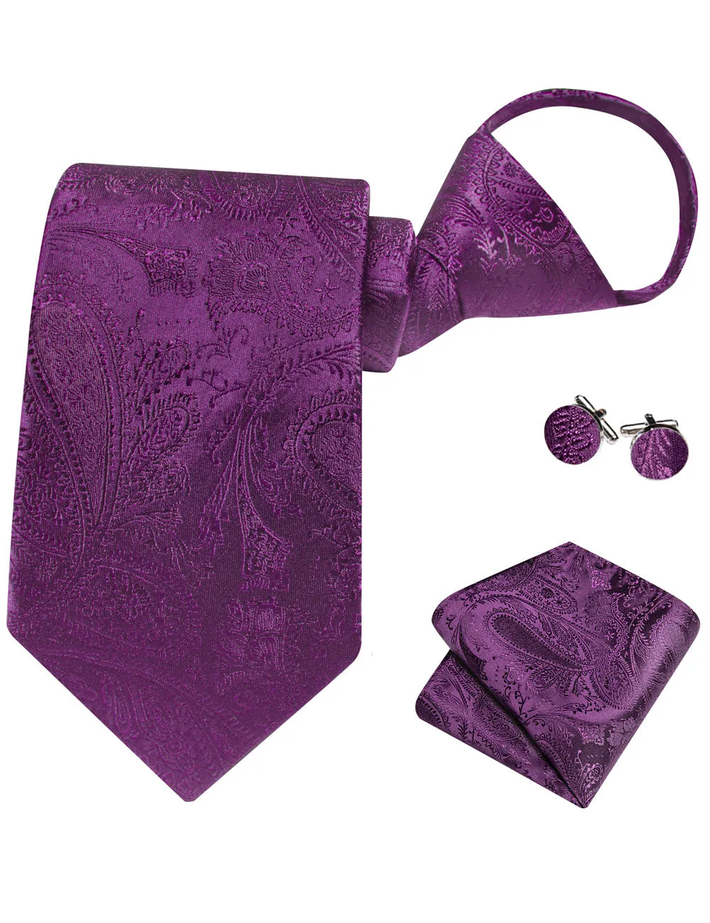 Ties2you Deep Purple Paisley Lazy Mens Business Easy-pull Silk Tie Pocket Square Cufflinks Set sold by Ties2You product image thumbnail 5
