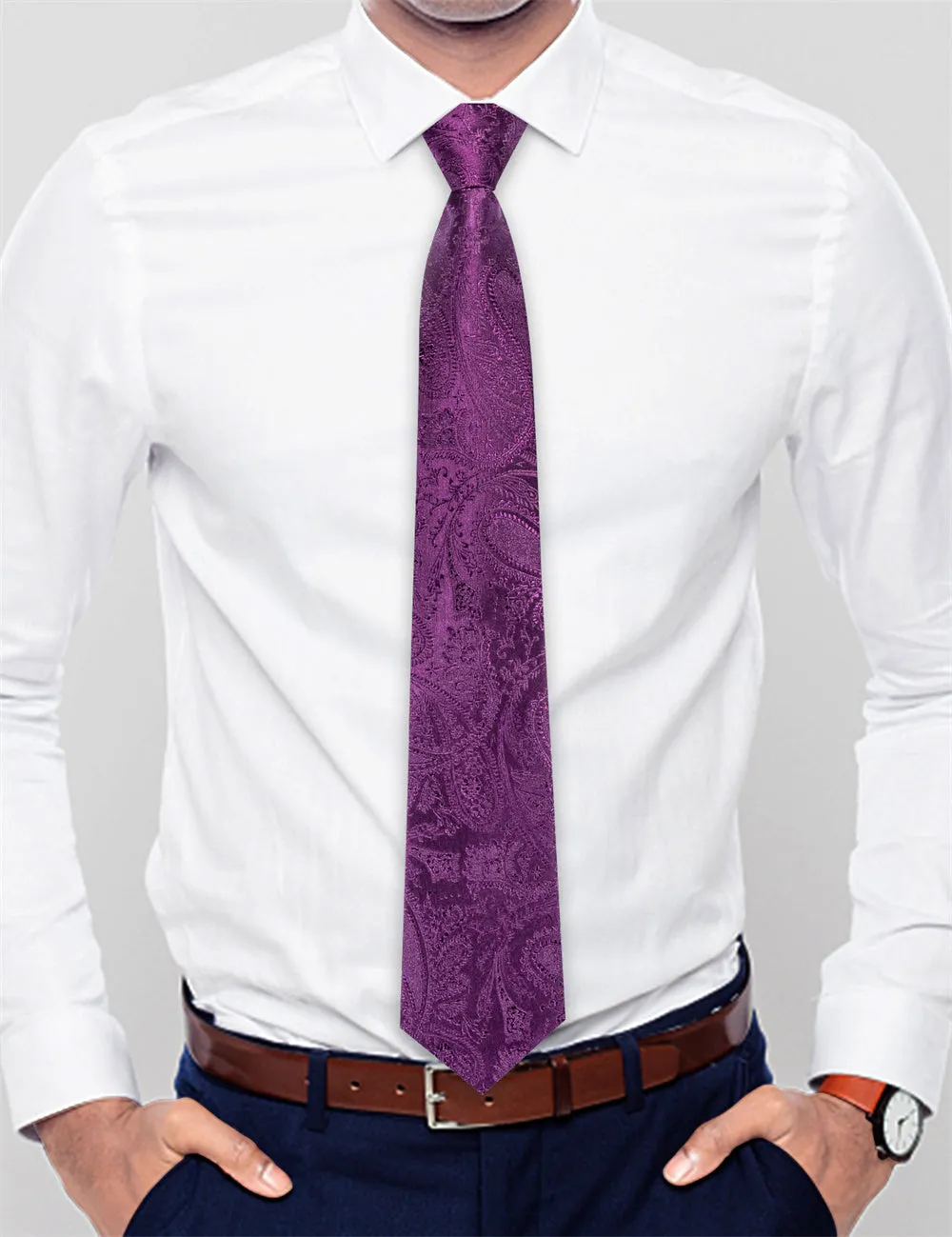 Ties2you Deep Purple Paisley Lazy Mens Business Easy-pull Silk Tie Pocket Square Cufflinks Set sold by Ties2You product image thumbnail 3