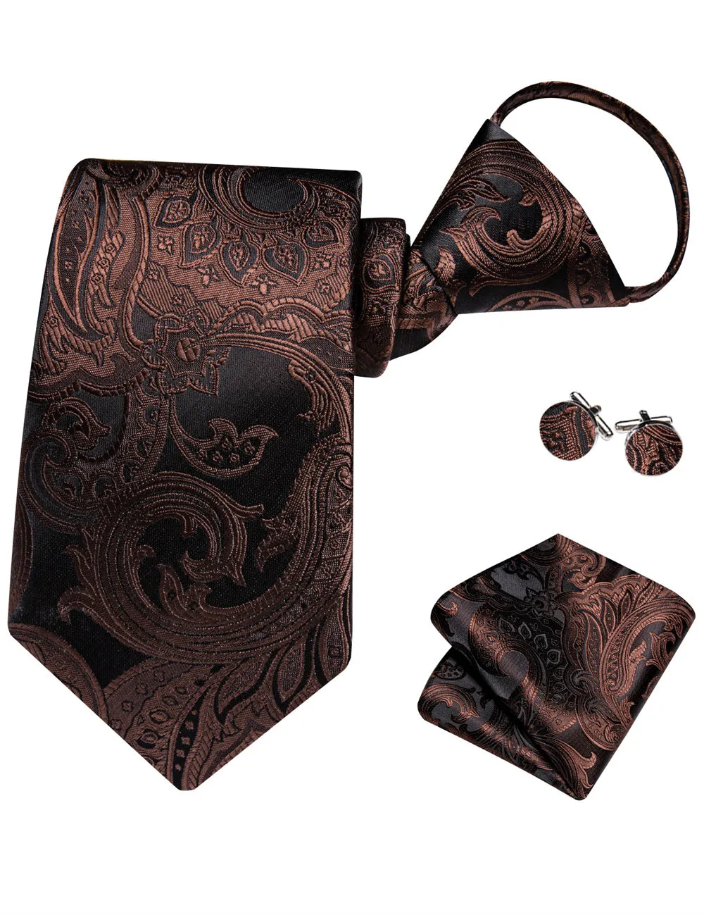 Ties2you Black Brown Paisley Lazy Mens Business Easy-pull Silk Tie Pocket Square Cufflinks Set sold by Ties2You product image thumbnail 5