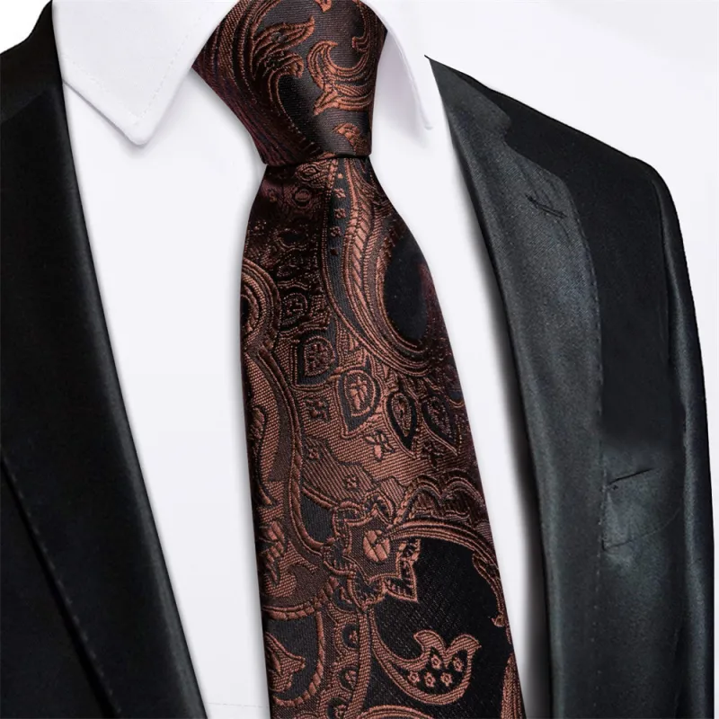 Ties2you Black Brown Paisley Lazy Mens Business Easy-pull Silk Tie Pocket Square Cufflinks Set sold by Ties2You