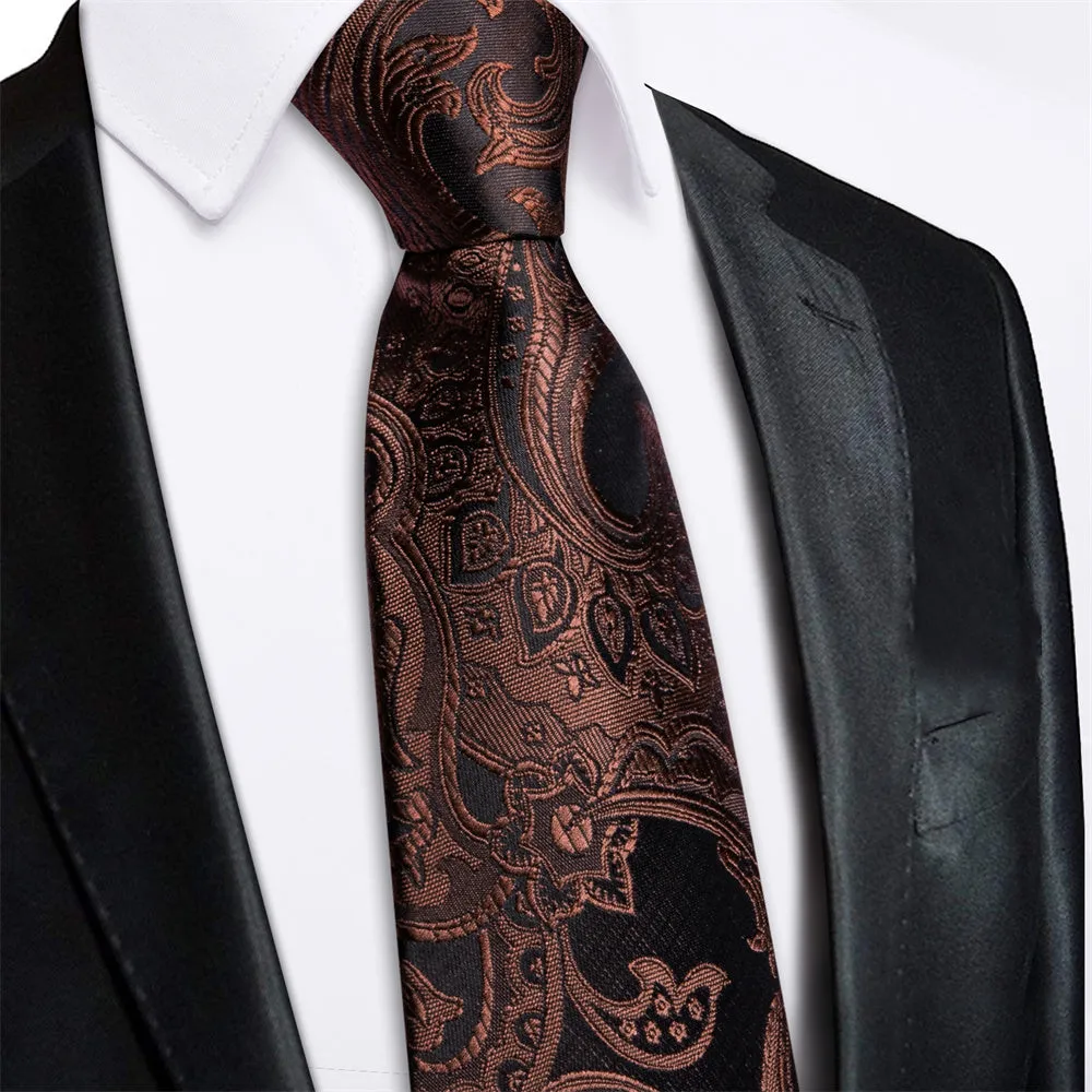 Ties2you Black Brown Paisley Lazy Mens Business Easy-pull Silk Tie Pocket Square Cufflinks Set sold by Ties2You