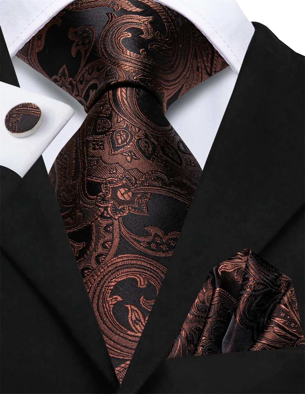 Ties2you Black Brown Paisley Lazy Mens Business Easy-pull Silk Tie Pocket Square Cufflinks Set sold by Ties2You product image thumbnail 2