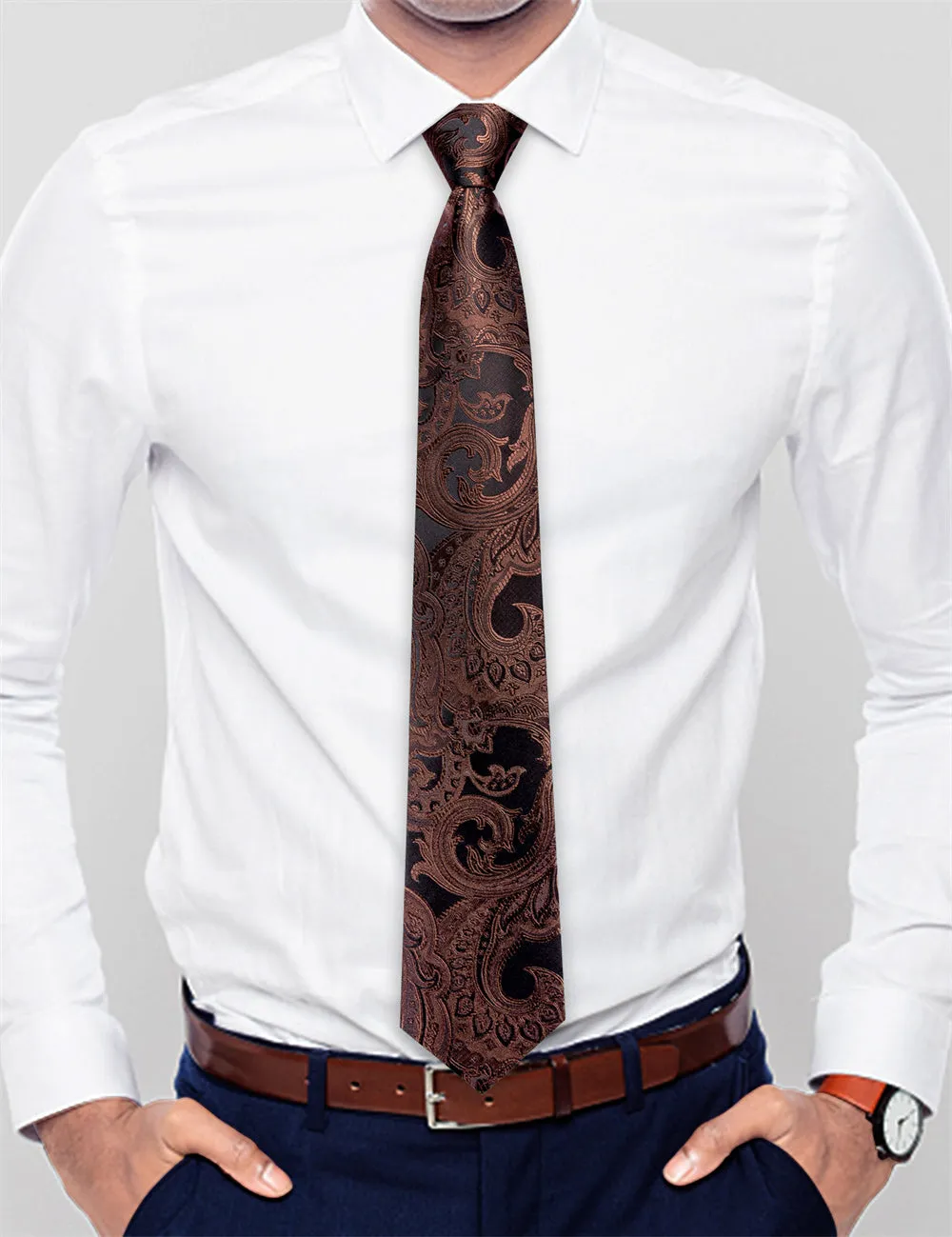 Ties2you Black Brown Paisley Lazy Mens Business Easy-pull Silk Tie Pocket Square Cufflinks Set sold by Ties2You product image thumbnail 3