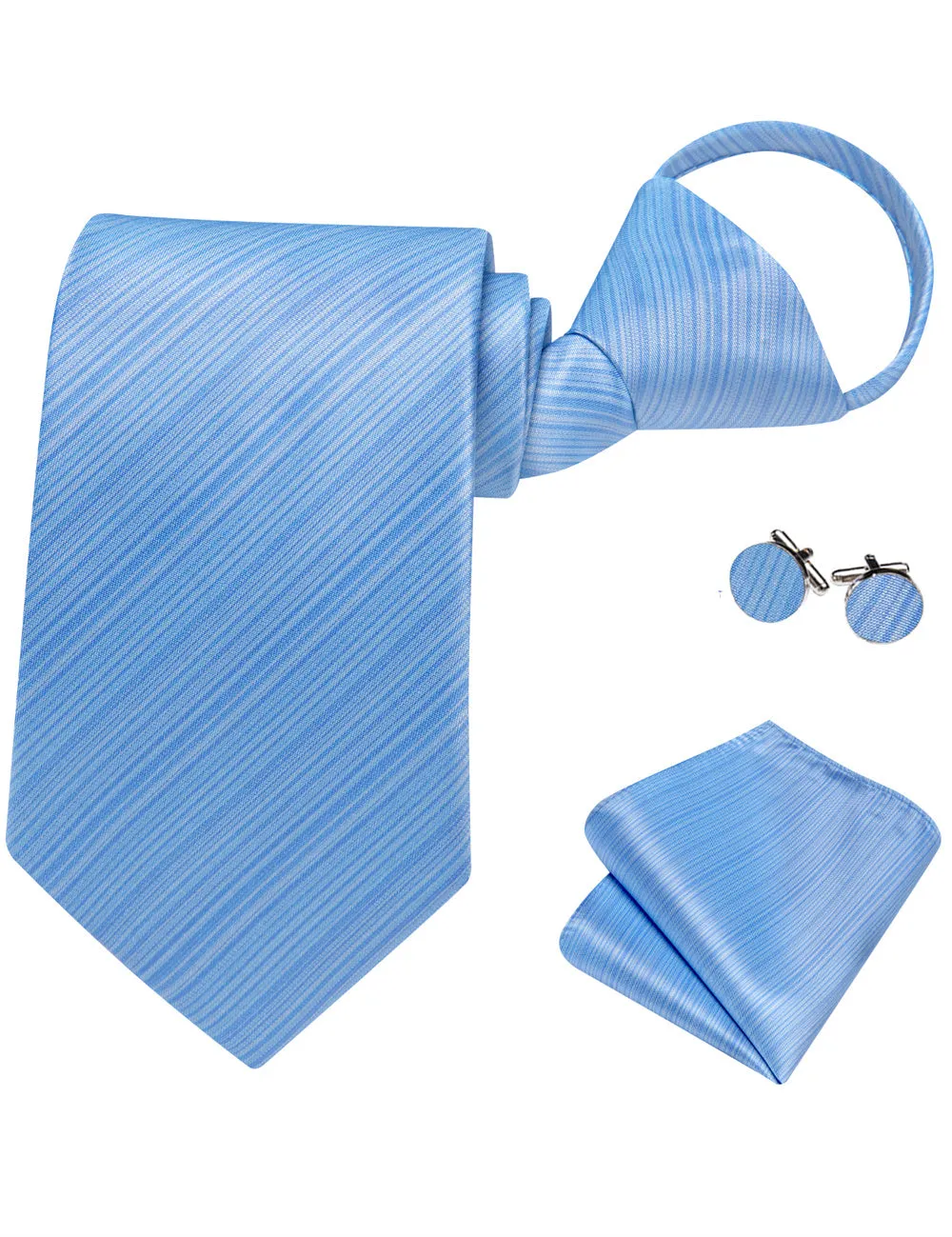 Ties2you Pale Sky Blue Striped Lazy Mens Business Easy-pull Silk Tie Pocket Square Cufflinks Set sold by Ties2You product image thumbnail 4