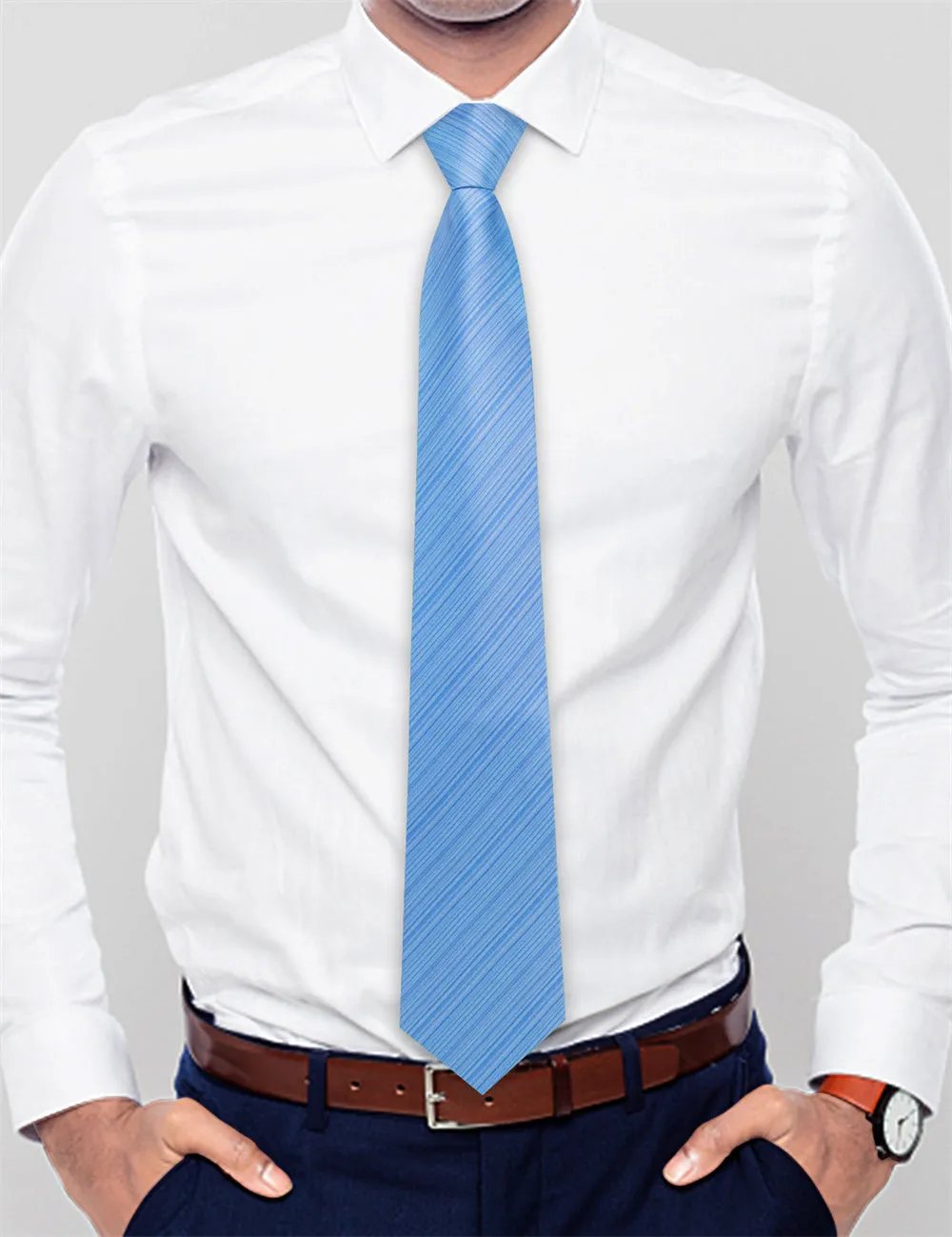 Ties2you Pale Sky Blue Striped Lazy Mens Business Easy-pull Silk Tie Pocket Square Cufflinks Set sold by Ties2You product image thumbnail 3