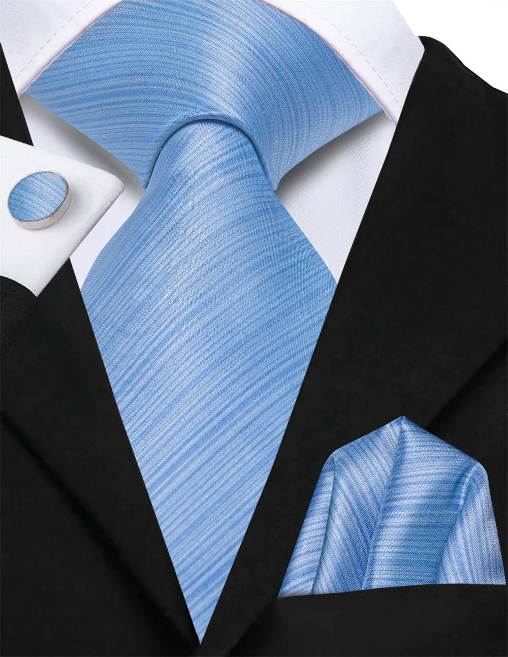 Ties2you Pale Sky Blue Striped Lazy Mens Business Easy-pull Silk Tie Pocket Square Cufflinks Set sold by Ties2You product image thumbnail 2