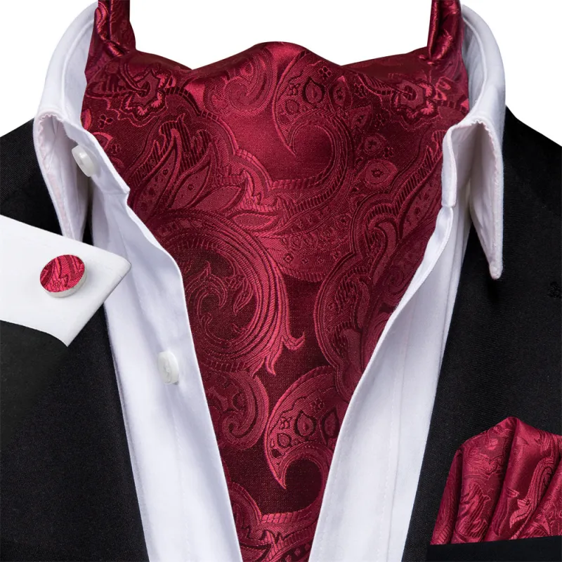 Ties2you Burgundy Paisley Silk Ascot Cravat Tie Pocket Square Cufflinks Set sold by Ties2You