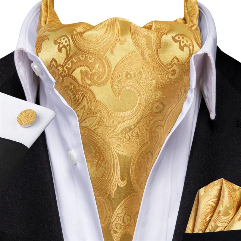 Ties2you Bright Golden Paisley Silk Ascot Cravat Tie Pocket Square Cufflinks Set sold by Ties2You