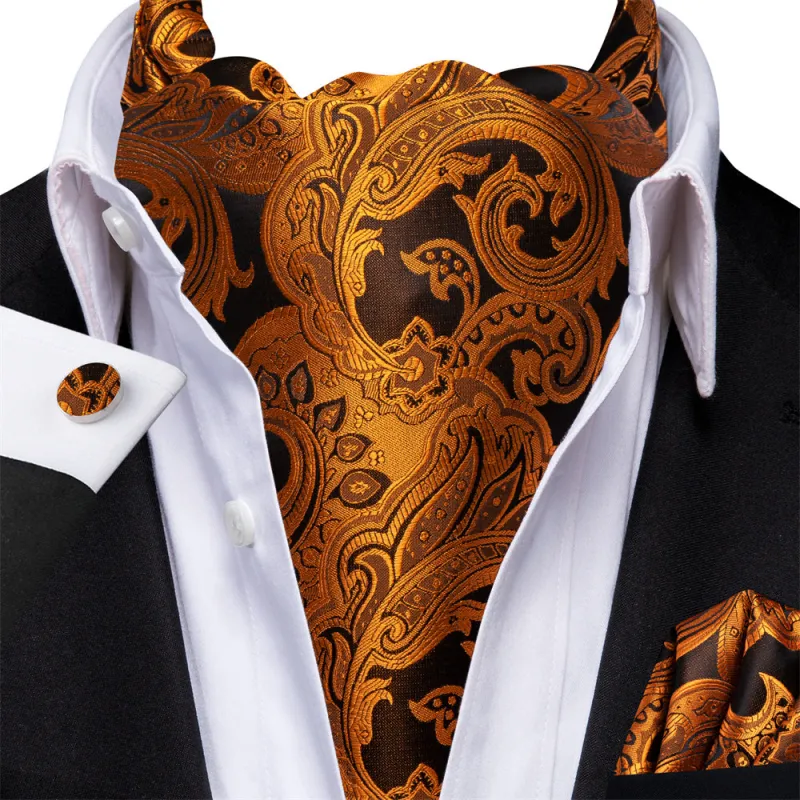 Ties2you Brown Gold Paisley Silk Ascot Cravat Tie Pocket Square Cufflinks Set sold by Ties2You