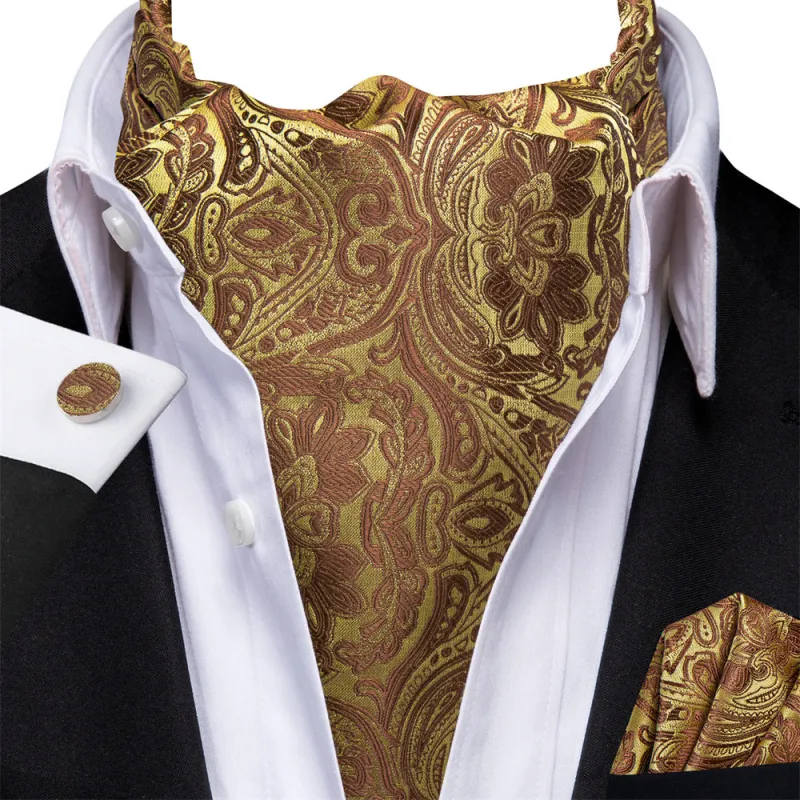 Ties2you Gold Brown Floral Silk Ascot Cravat Pocket Square Cufflinks Set sold by Ties2You