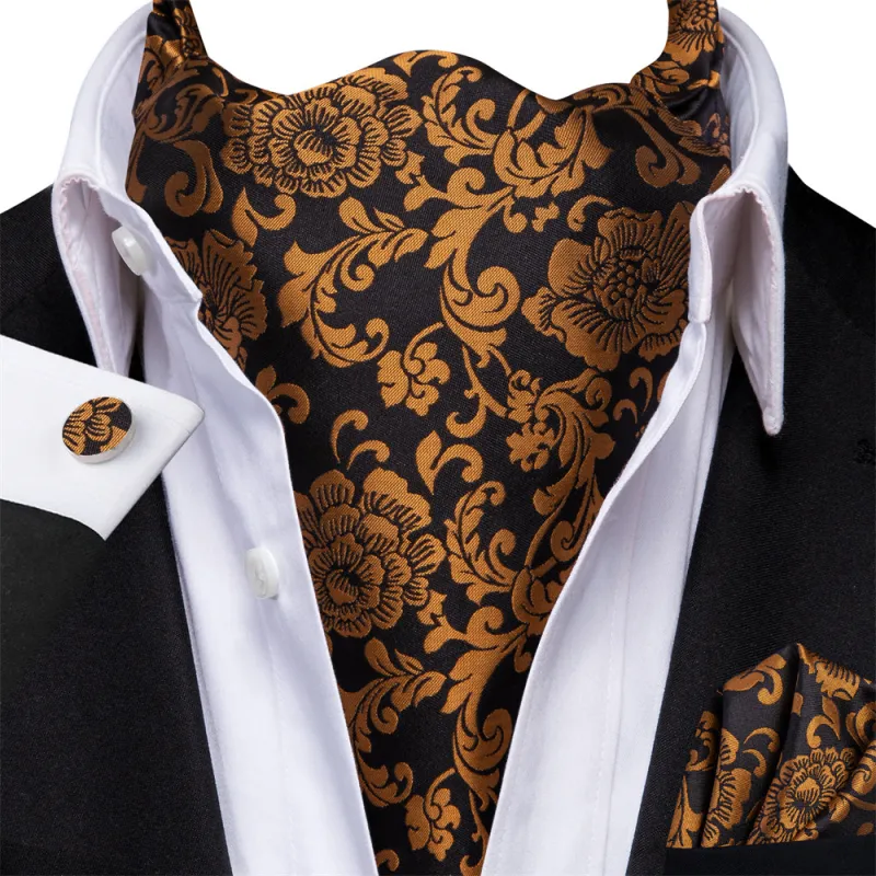 Ties2you Black Golden Floral Silk Ascot Cravat Tie Pocket Square Cufflinks Set sold by Ties2You