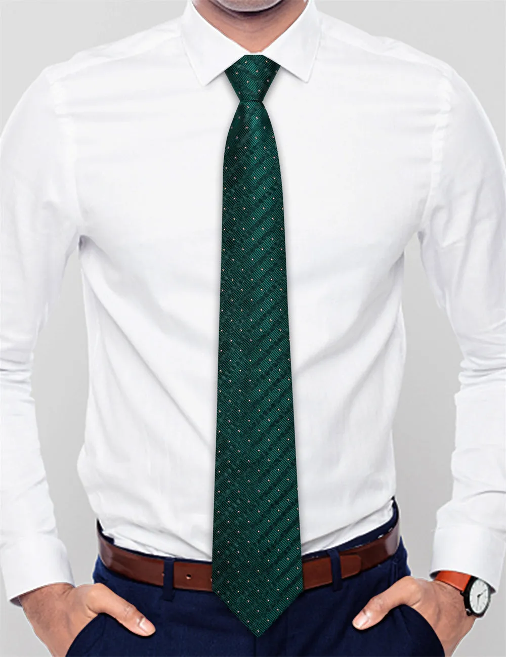Ties2you Deep Green Striped Lazy Men's Easy-pull Silk Tie Pocket Square Cufflinks Set sold by Ties2You product image thumbnail 3