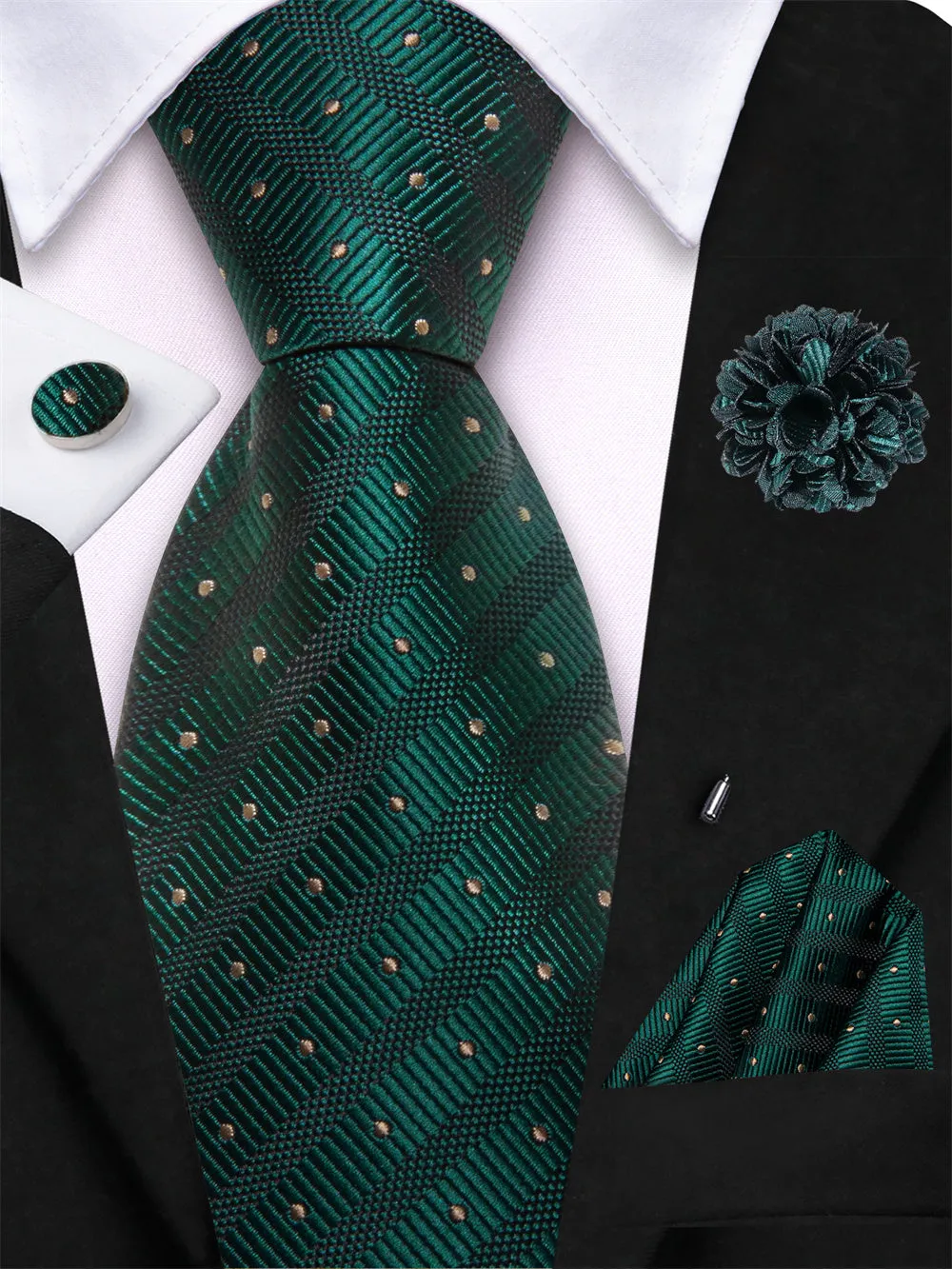 Ties2you Deep Green Striped Lazy Men's Easy-pull Silk Tie Pocket Square Cufflinks Set sold by Ties2You product image thumbnail 2