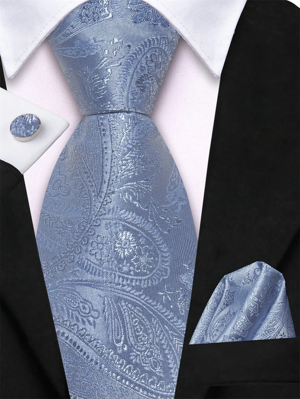 Ties2you Light Blue Paisley Lazy Men's Easy-pull Silk Tie Pocket Square Cufflinks Set sold by Ties2You product image thumbnail 3
