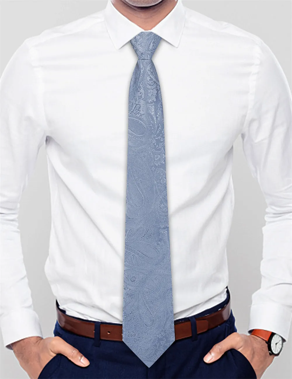 Ties2you Light Blue Paisley Lazy Men's Easy-pull Silk Tie Pocket Square Cufflinks Set sold by Ties2You product image thumbnail 2