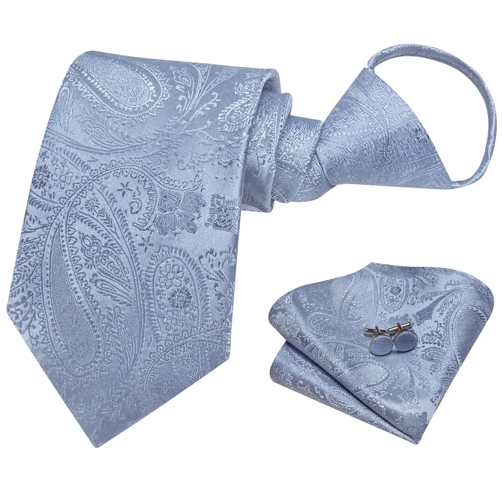 Ties2you Light Blue Paisley Lazy Men's Easy-pull Silk Tie Pocket Square Cufflinks Set sold by Ties2You