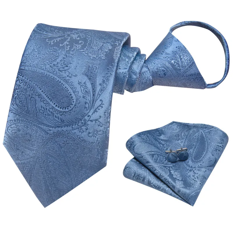 Ties2you Sky Blue Paisley Lazy Men's Easy-pull Silk Tie Pocket Square Cufflinks Set sold by Ties2You