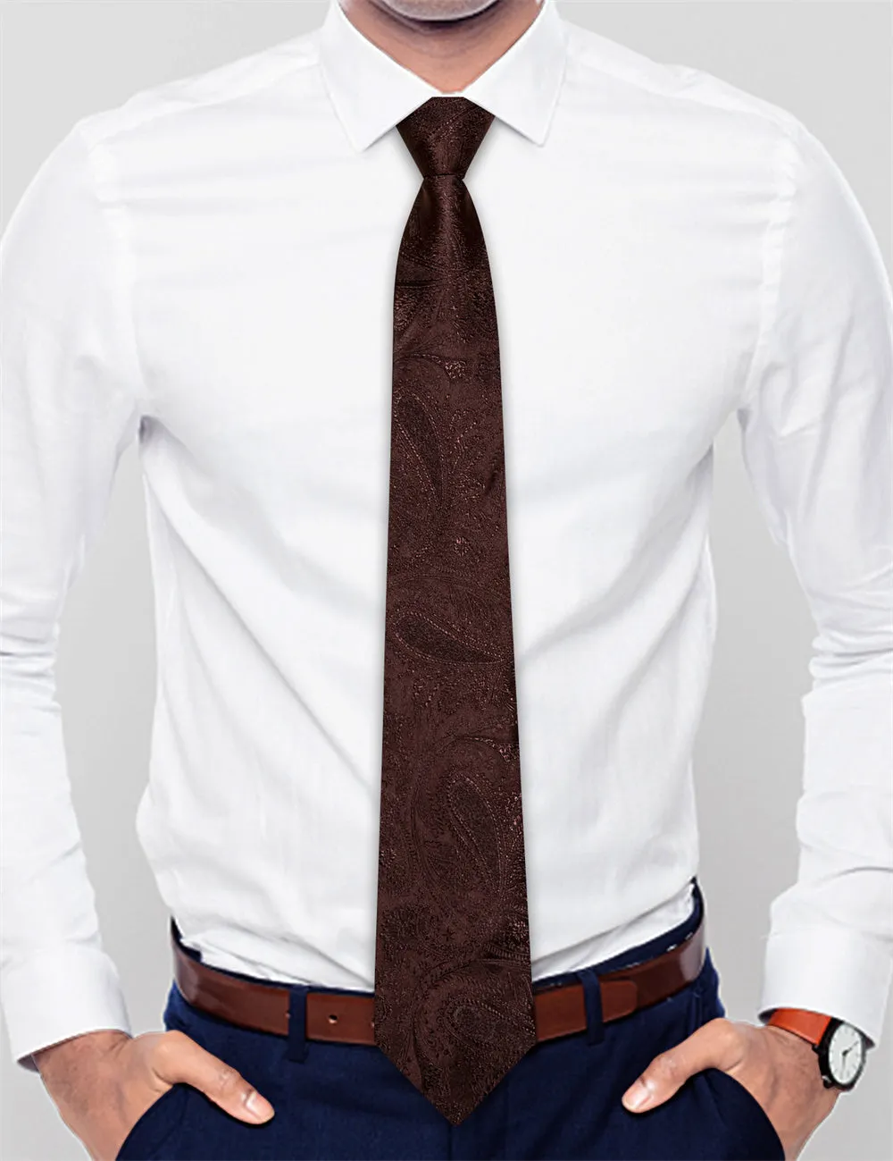Ties2you Deep Brown Paisley Lazy Men's Easy-pull Silk Tie Pocket Square Cufflinks Set sold by Ties2You product image thumbnail 3