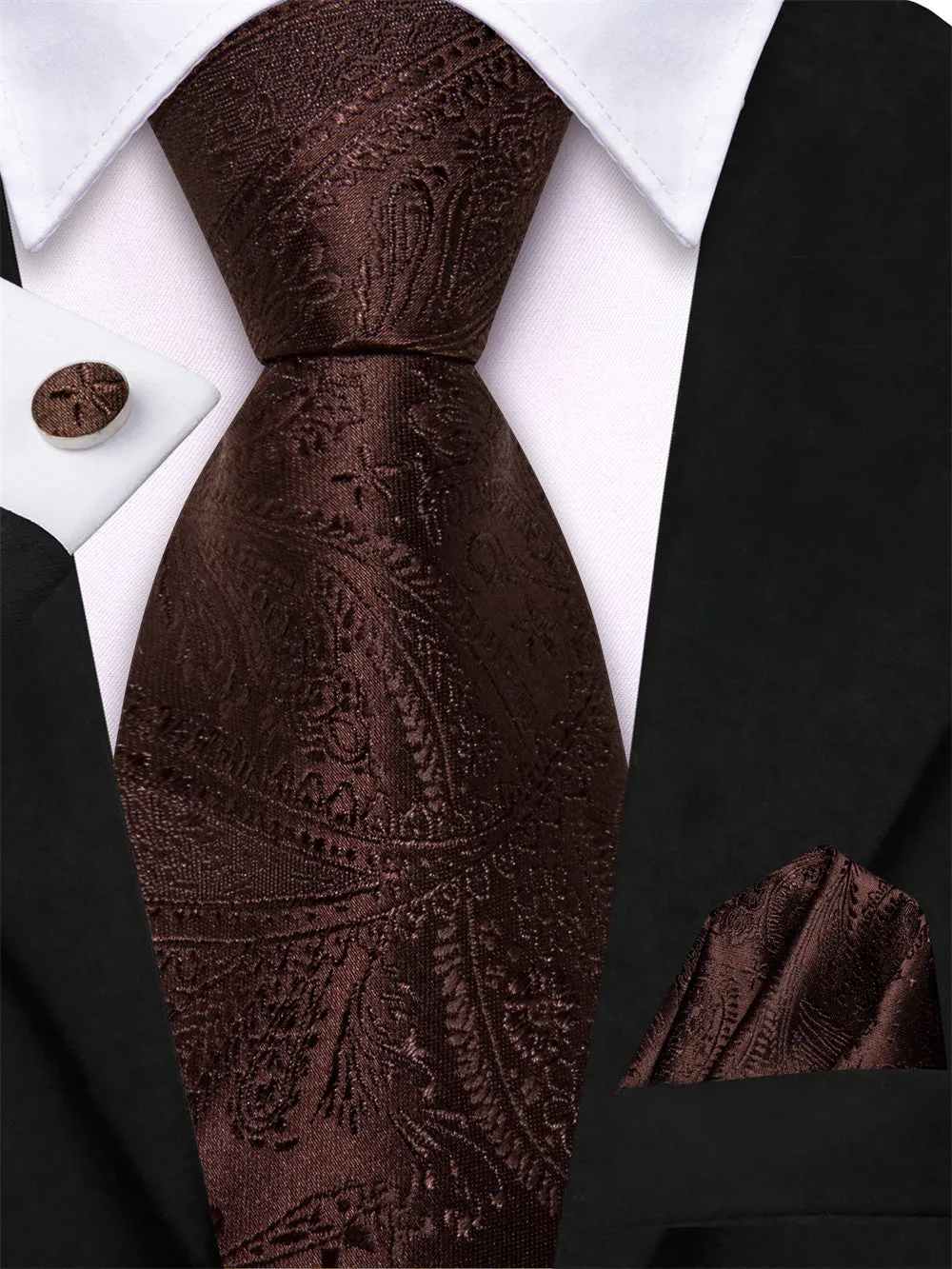 Ties2you Deep Brown Paisley Lazy Men's Easy-pull Silk Tie Pocket Square Cufflinks Set sold by Ties2You product image thumbnail 2