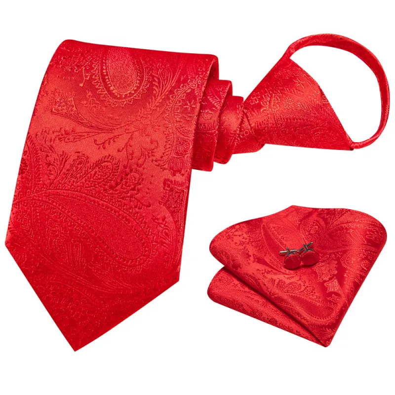 Ties2you Red Paisley Lazy Men's Easy-pull Silk Tie Pocket Square Cufflinks Set sold by Ties2You
