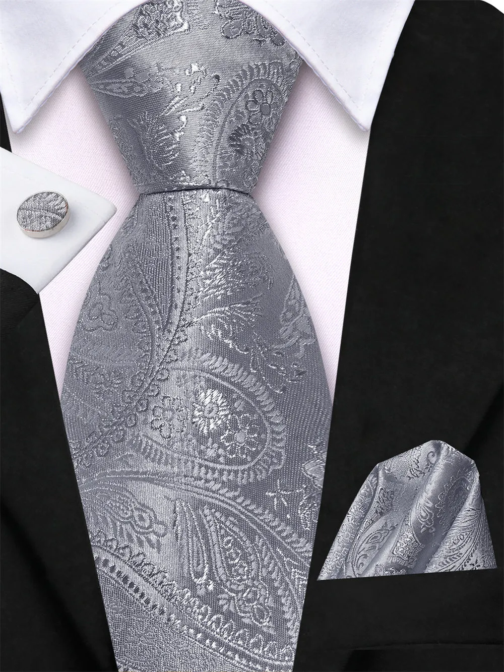 Ties2you Silver Paisley Lazy Men's Easy-pull Silk Tie Pocket Square Cufflinks Set sold by Ties2You product image thumbnail 2