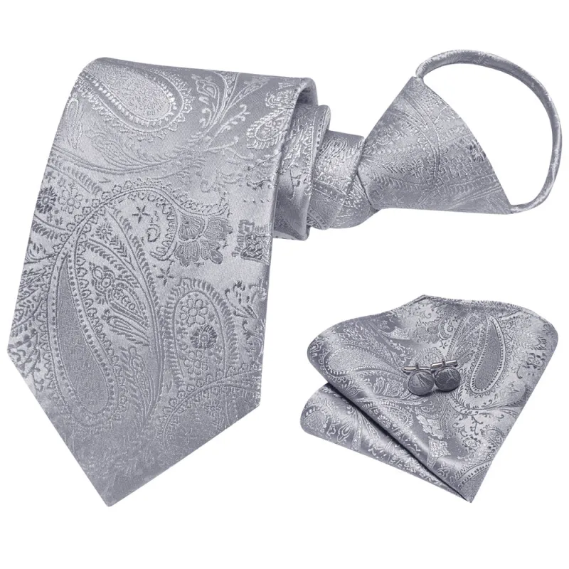 Ties2you Silver Paisley Lazy Men's Easy-pull Silk Tie Pocket Square Cufflinks Set sold by Ties2You