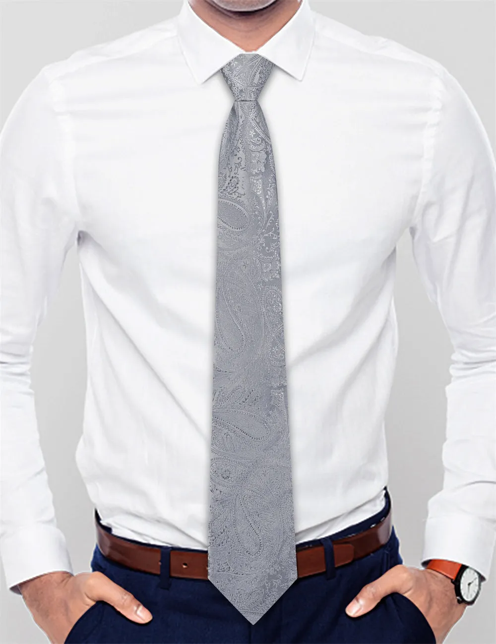 Ties2you Silver Paisley Lazy Men's Easy-pull Silk Tie Pocket Square Cufflinks Set sold by Ties2You product image thumbnail 3