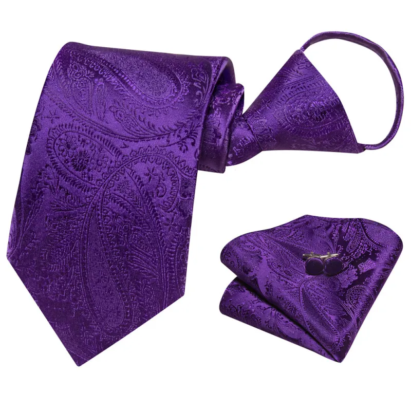 Ties2you Purple Paisley Tie Lazy Men's Easy-pull Tie Pocket Square Cufflinks Set sold by Ties2You
