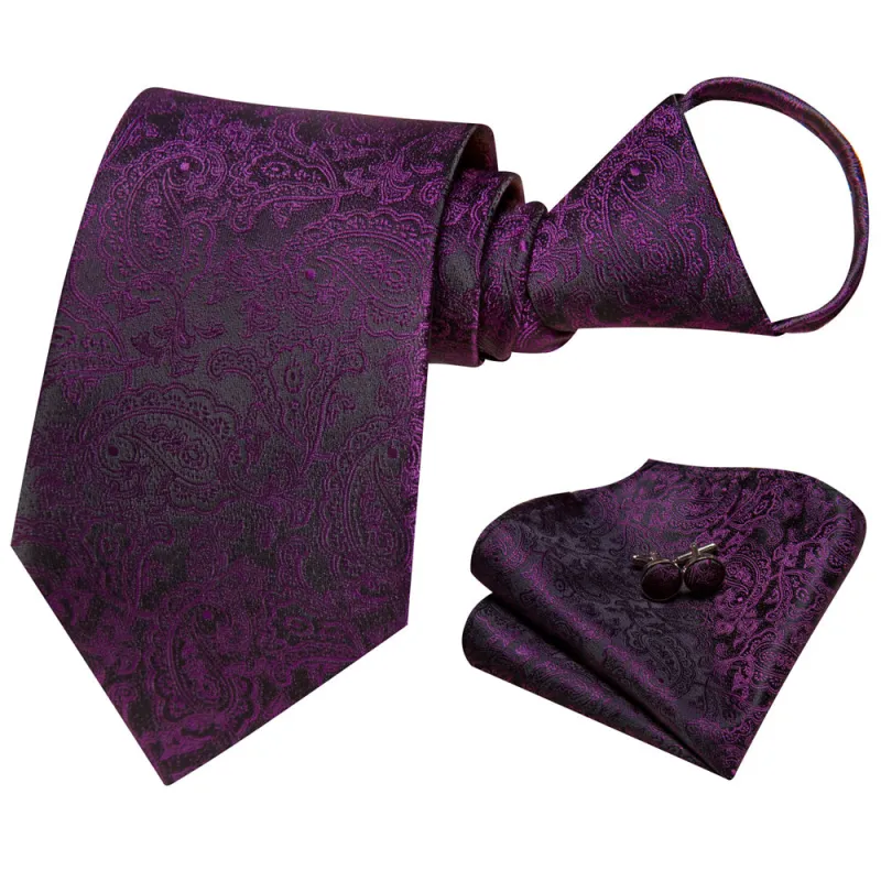 Ties2you Black Purple Paisley Lazy Men's Easy-pull Silk Tie Pocket Square Cufflinks Set sold by Ties2You
