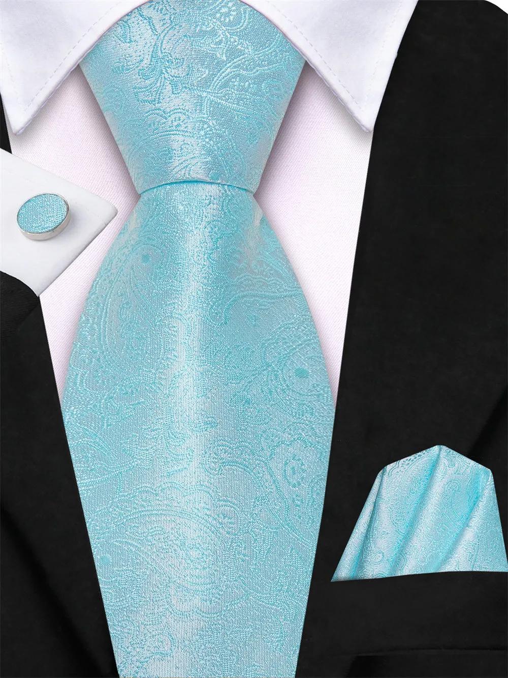 Ties2you Pale Sky Blue Paisley Lazy Men's Easy-pull Silk Tie Pocket Square Cufflinks Set sold by Ties2You product image thumbnail 2