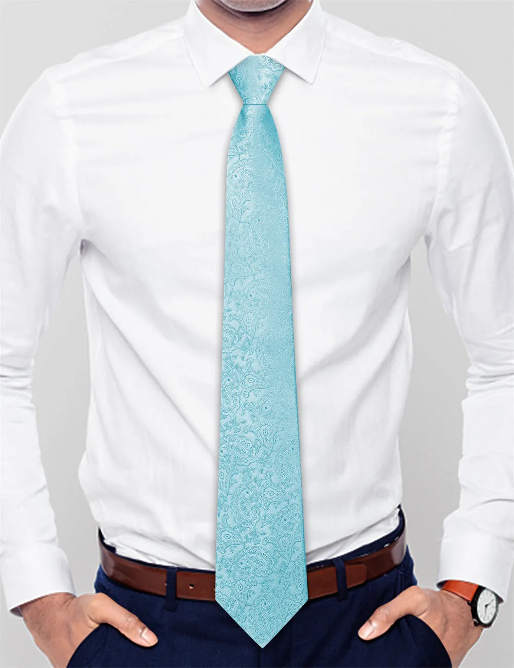 Ties2you Pale Sky Blue Paisley Lazy Men's Easy-pull Silk Tie Pocket Square Cufflinks Set sold by Ties2You product image thumbnail 3