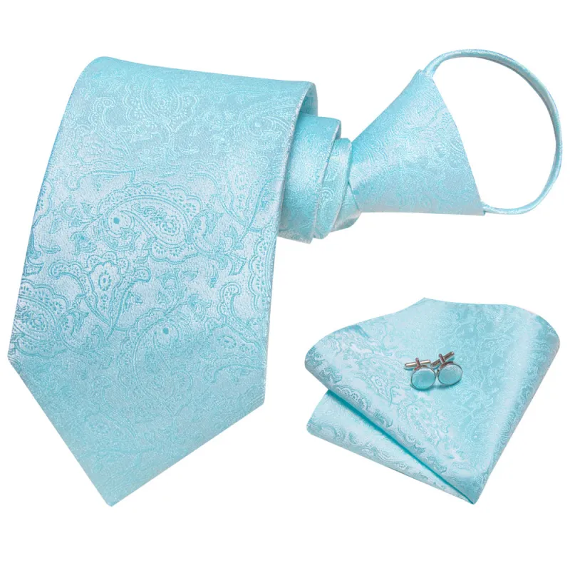Ties2you Pale Sky Blue Paisley Lazy Men's Easy-pull Silk Tie Pocket Square Cufflinks Set sold by Ties2You