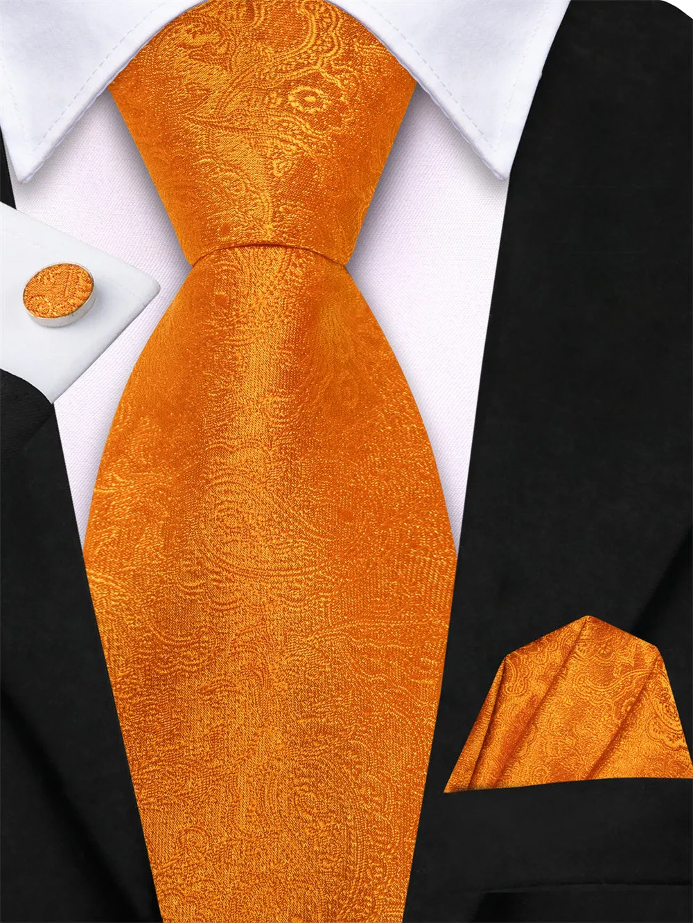 Ties2you Orange Paisley Lazy Men's Easy-pull Silk Tie Pocket Square Cufflinks Set sold by Ties2You product image thumbnail 2