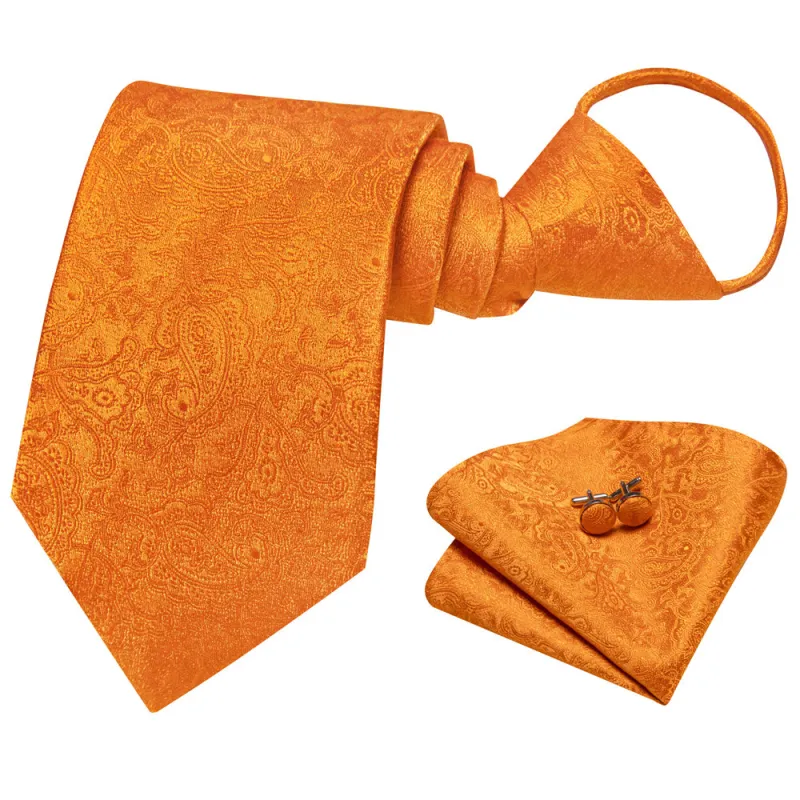 Ties2you Orange Paisley Lazy Men's Easy-pull Silk Tie Pocket Square Cufflinks Set sold by Ties2You